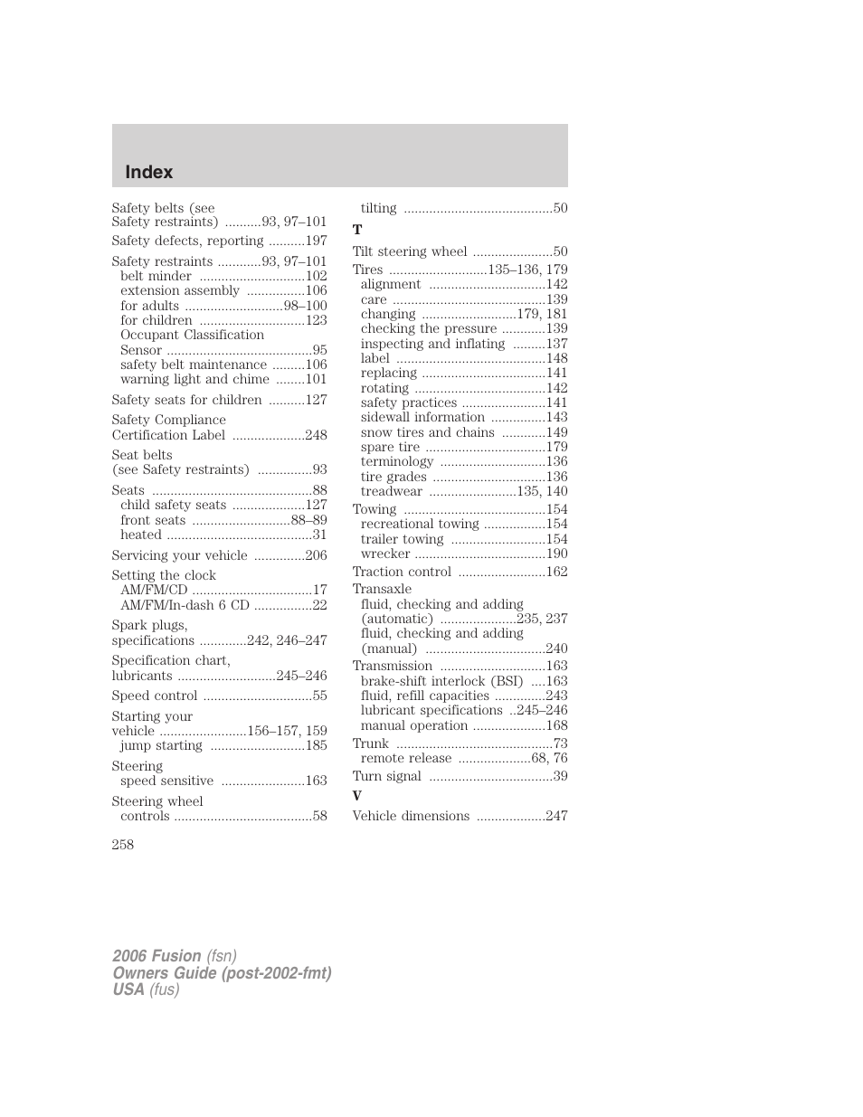 Index | FORD 2006 Fusion v.1 User Manual | Page 258 / 264