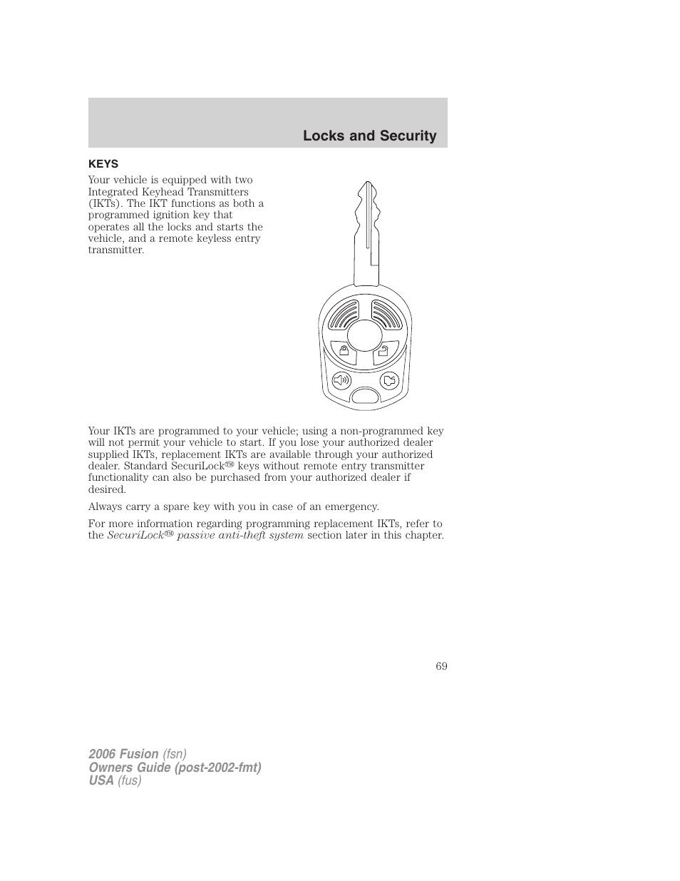 Locks and security, Keys | FORD 2006 Fusion v.1 User Manual | Page 69 / 264