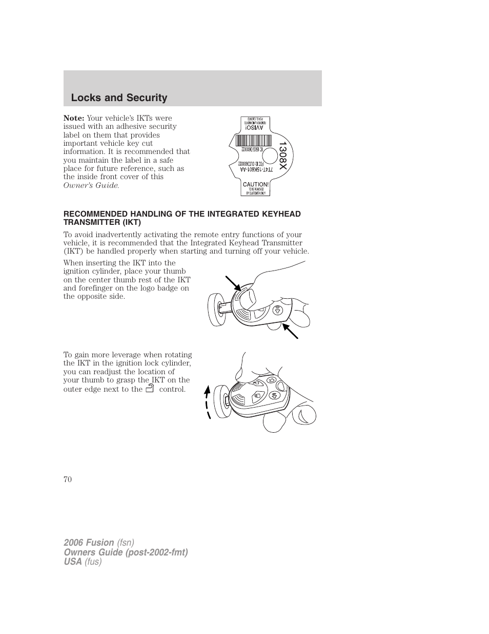Locks and security | FORD 2006 Fusion v.1 User Manual | Page 70 / 264