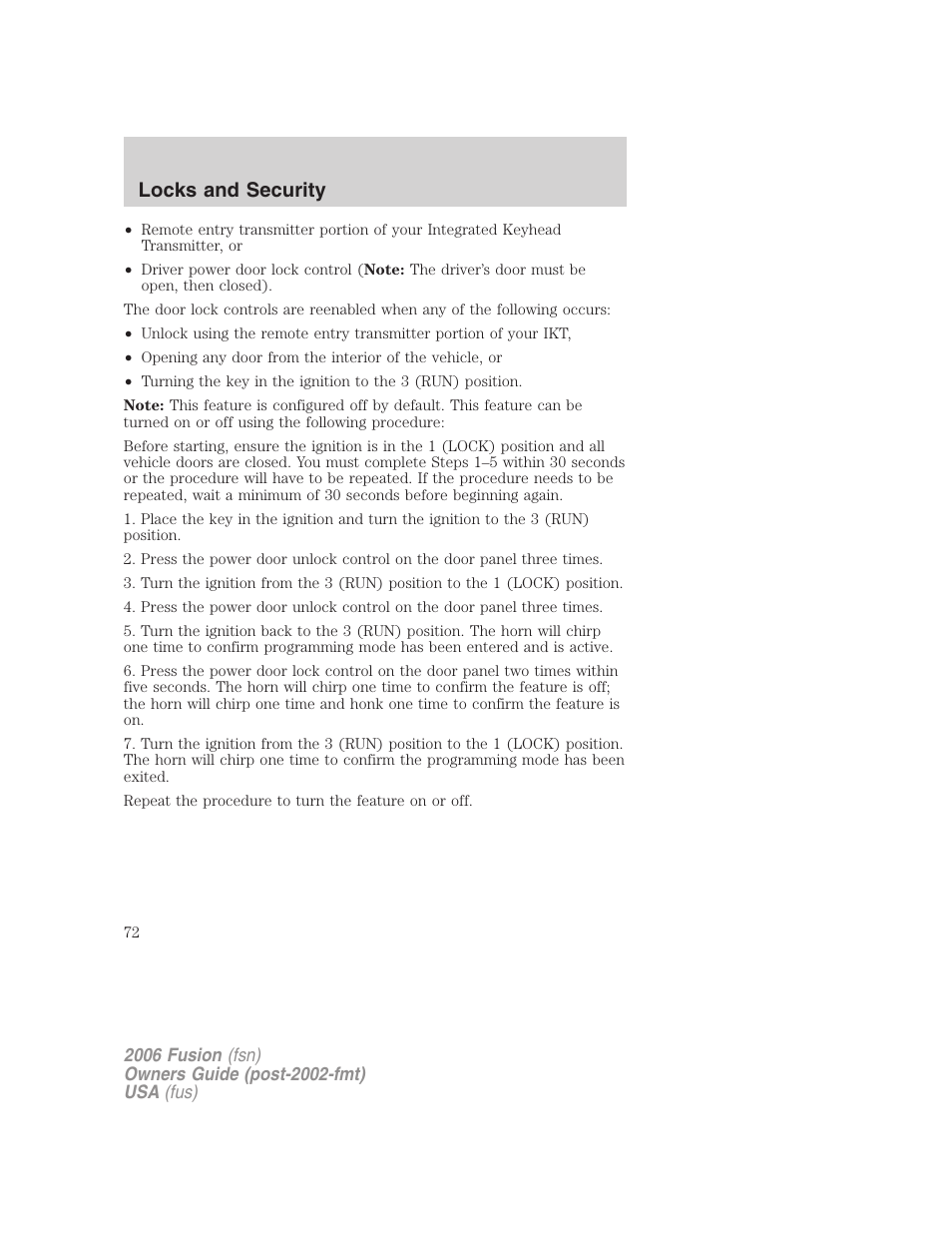 Locks and security | FORD 2006 Fusion v.1 User Manual | Page 72 / 264