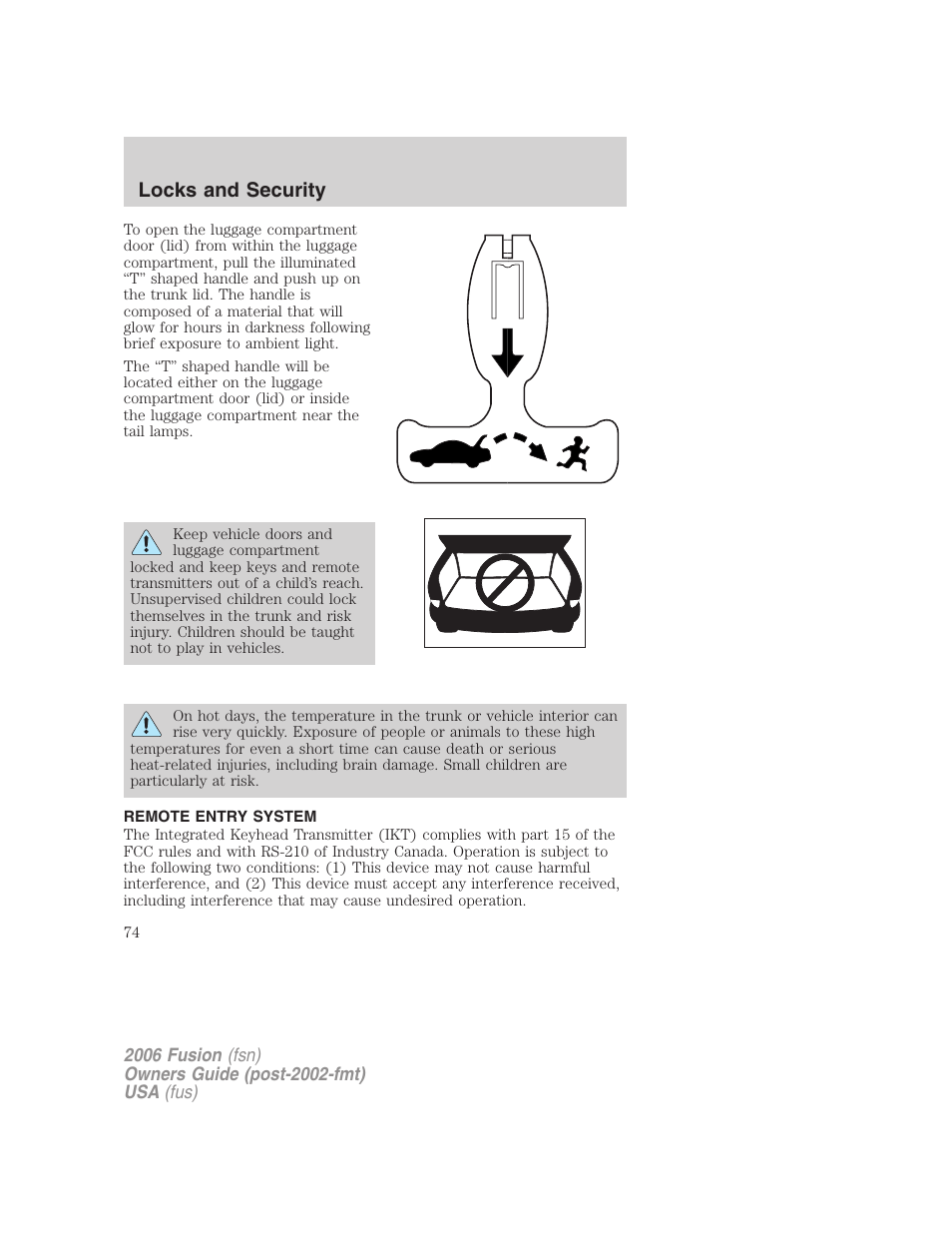 Remote entry system, Locks and security | FORD 2006 Fusion v.1 User Manual | Page 74 / 264