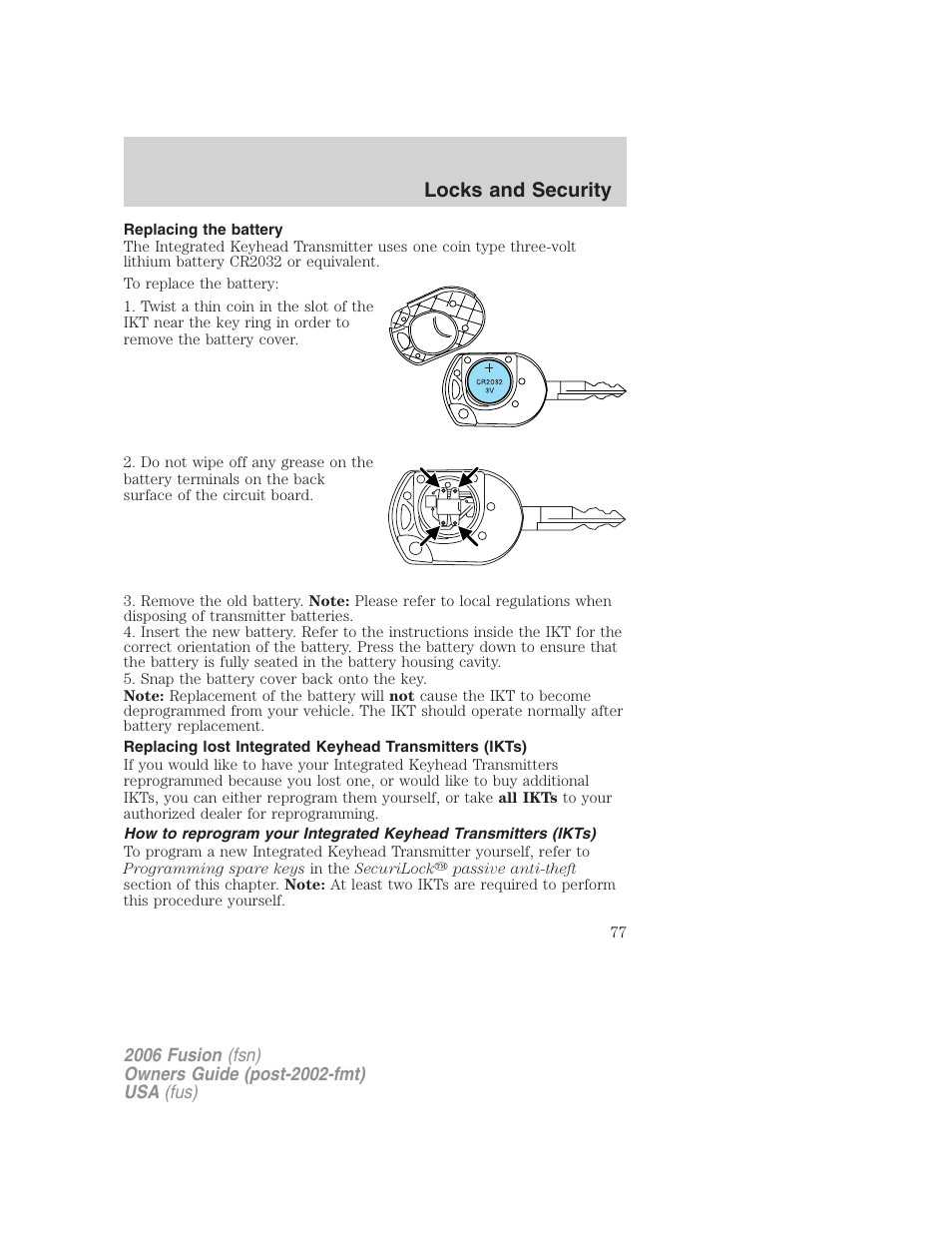 Replacing the battery, Locks and security | FORD 2006 Fusion v.1 User Manual | Page 77 / 264