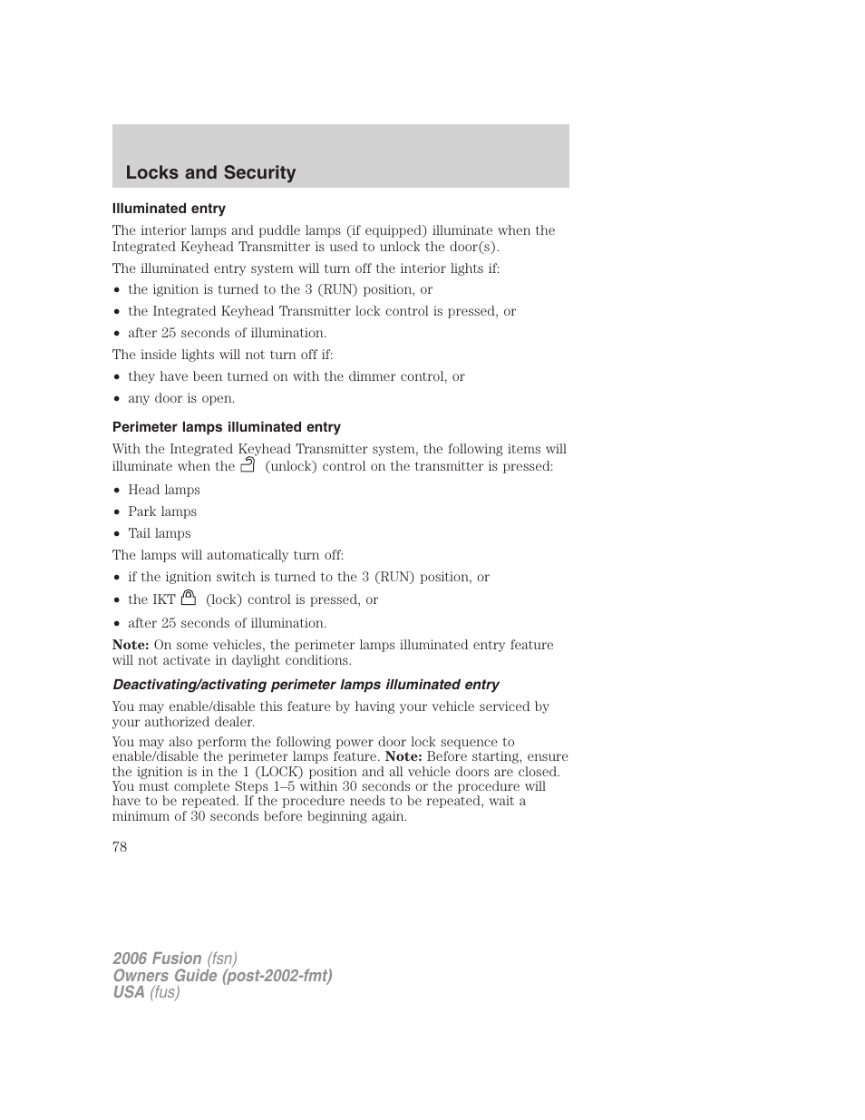 Illuminated entry, Perimeter lamps illuminated entry, Locks and security | FORD 2006 Fusion v.1 User Manual | Page 78 / 264