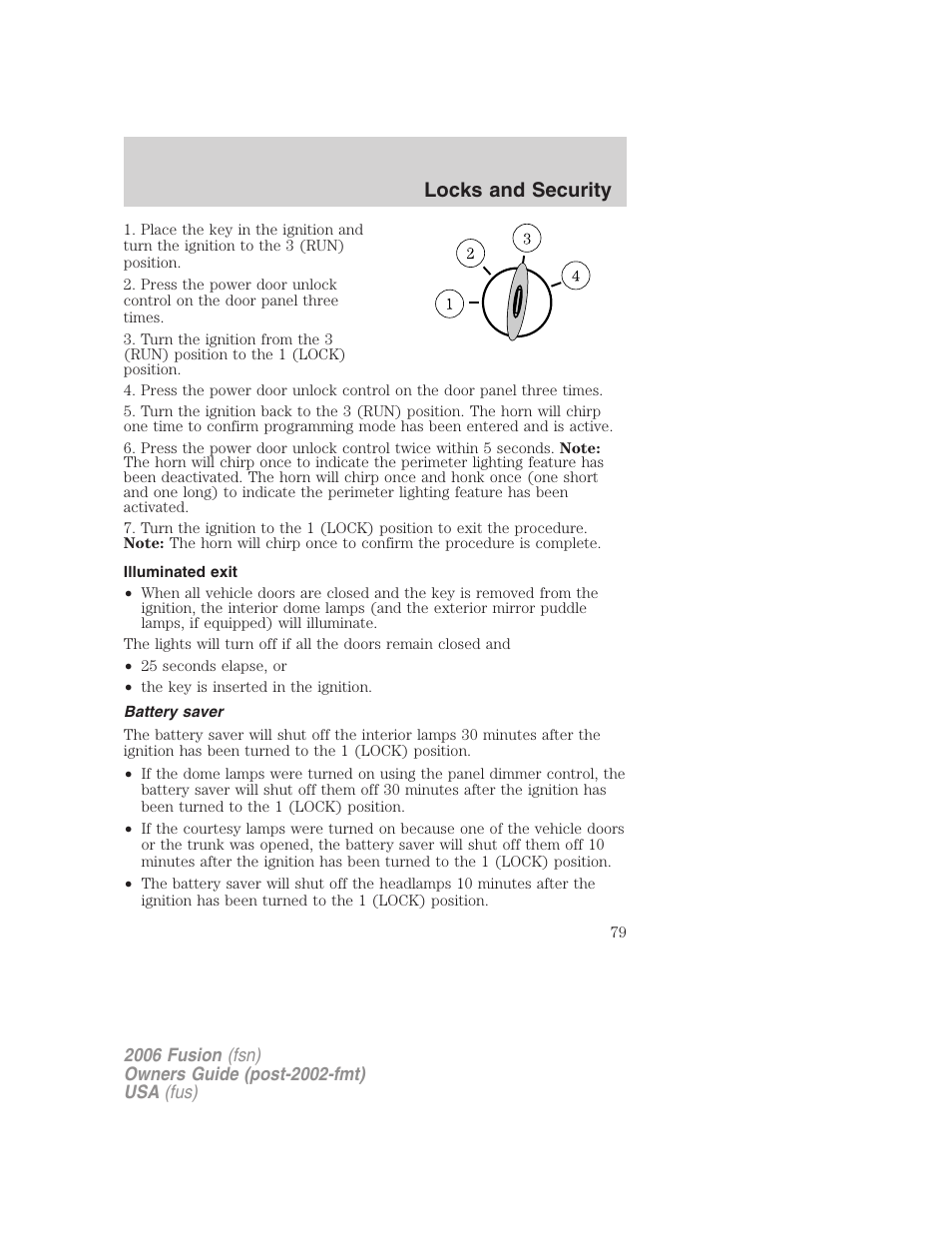 Illuminated exit, Battery saver, Locks and security | FORD 2006 Fusion v.1 User Manual | Page 79 / 264