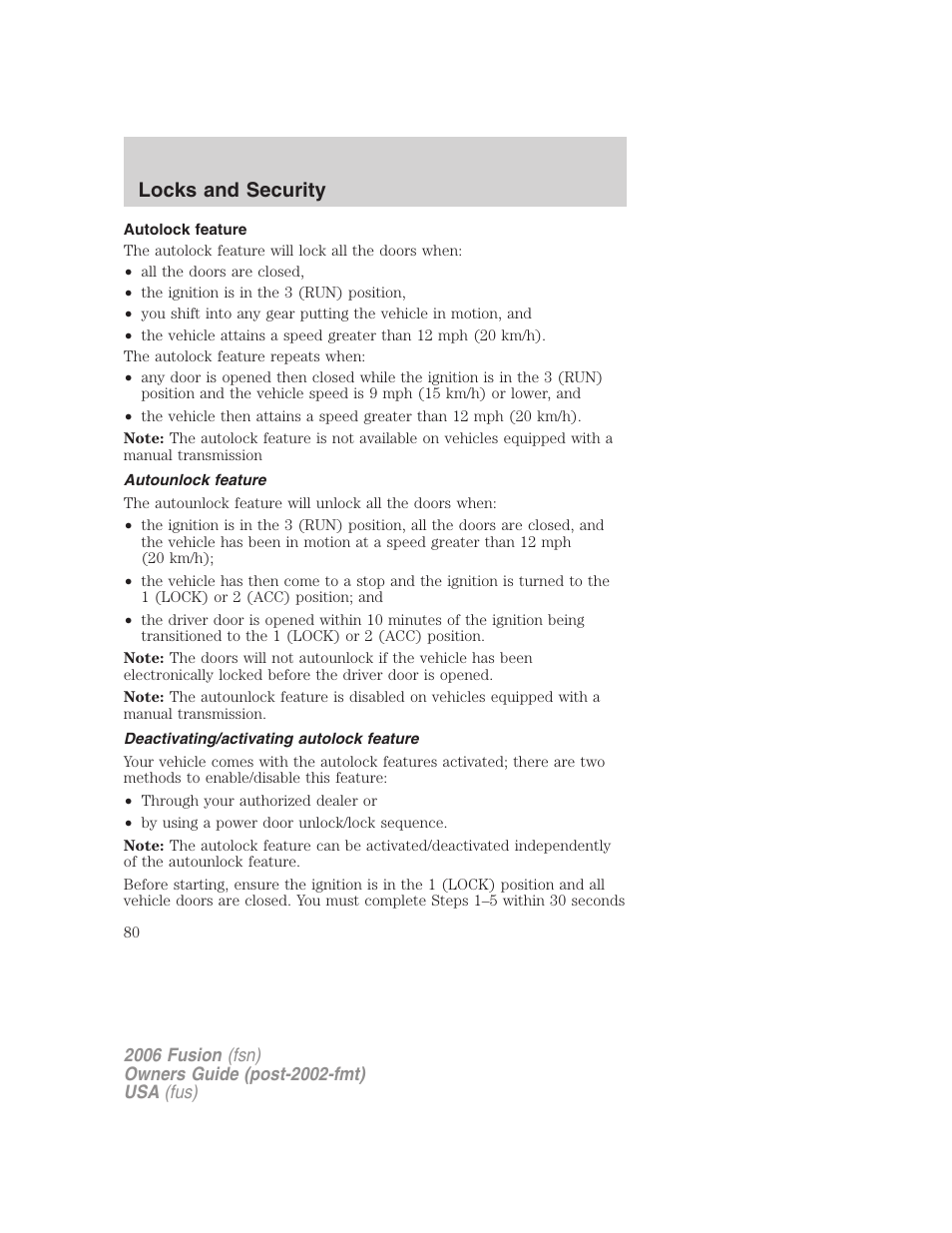 Autolock feature, Autounlock feature, Deactivating/activating autolock feature | Locks and security | FORD 2006 Fusion v.1 User Manual | Page 80 / 264