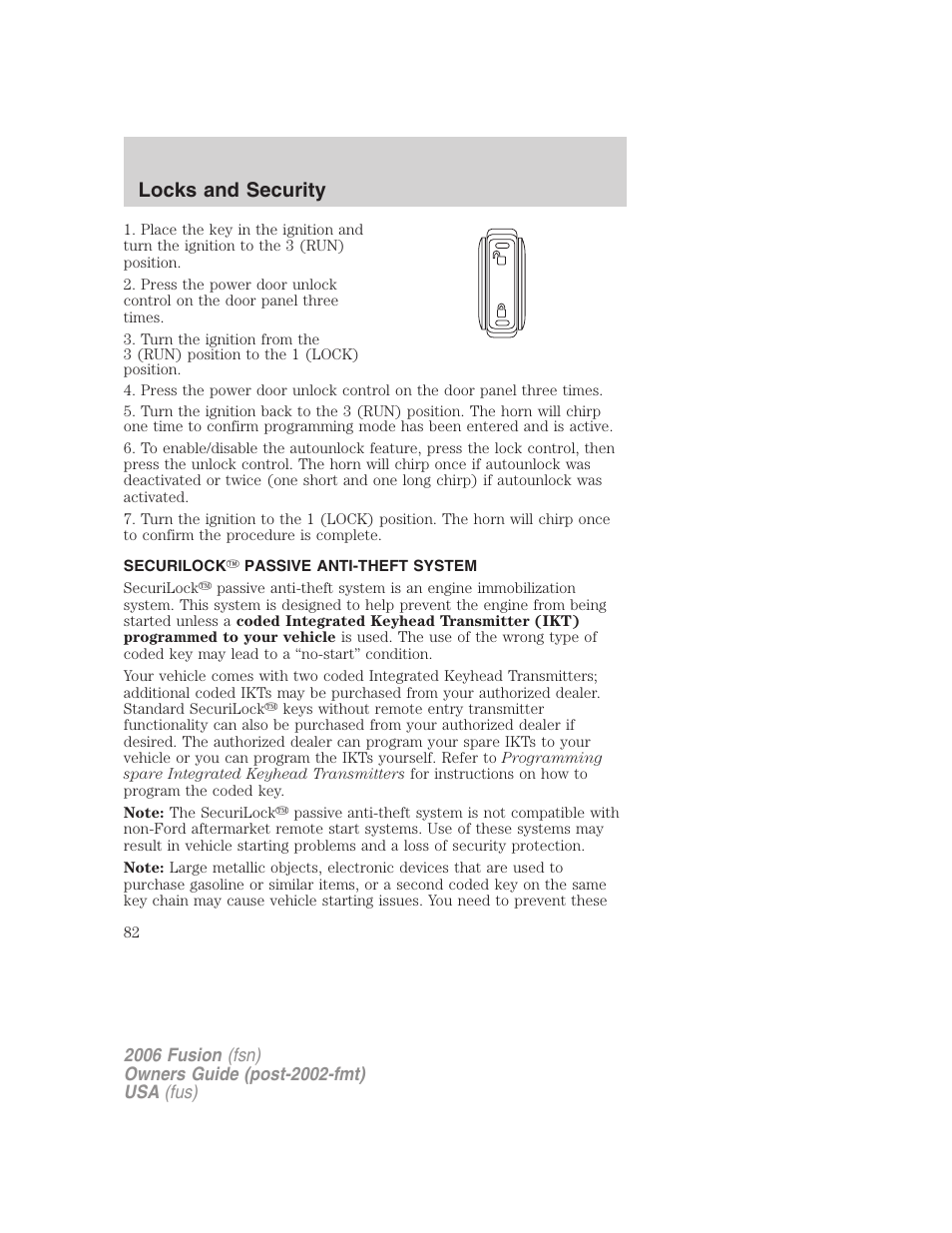 Securilock passive anti-theft system, Anti-theft system, Locks and security | FORD 2006 Fusion v.1 User Manual | Page 82 / 264
