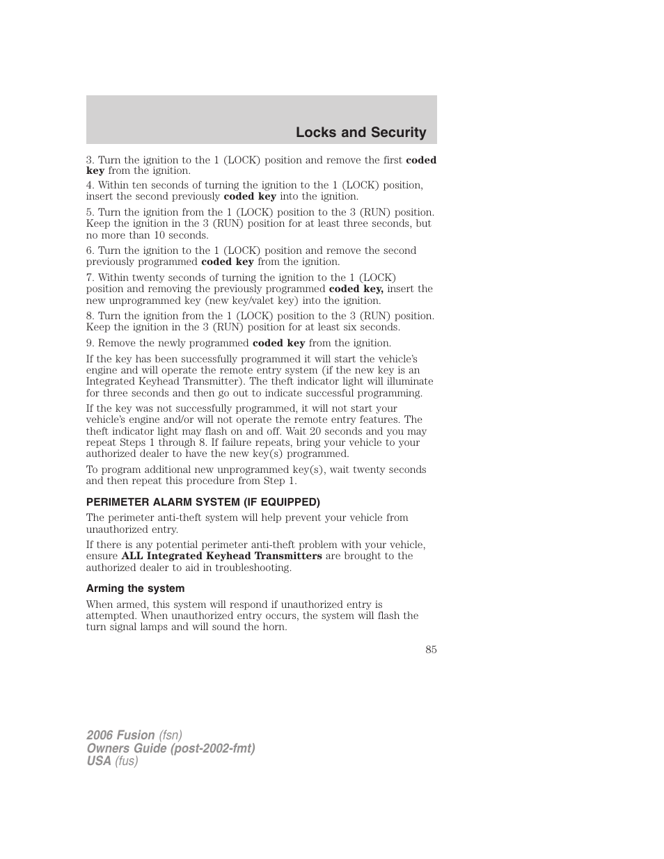 Perimeter alarm system (if equipped), Arming the system, Locks and security | FORD 2006 Fusion v.1 User Manual | Page 85 / 264