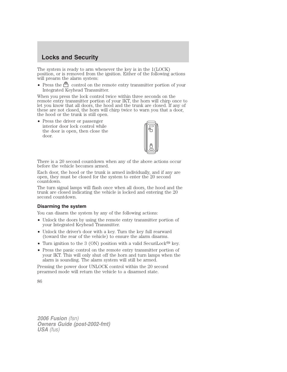 Disarming the system, Locks and security | FORD 2006 Fusion v.1 User Manual | Page 86 / 264