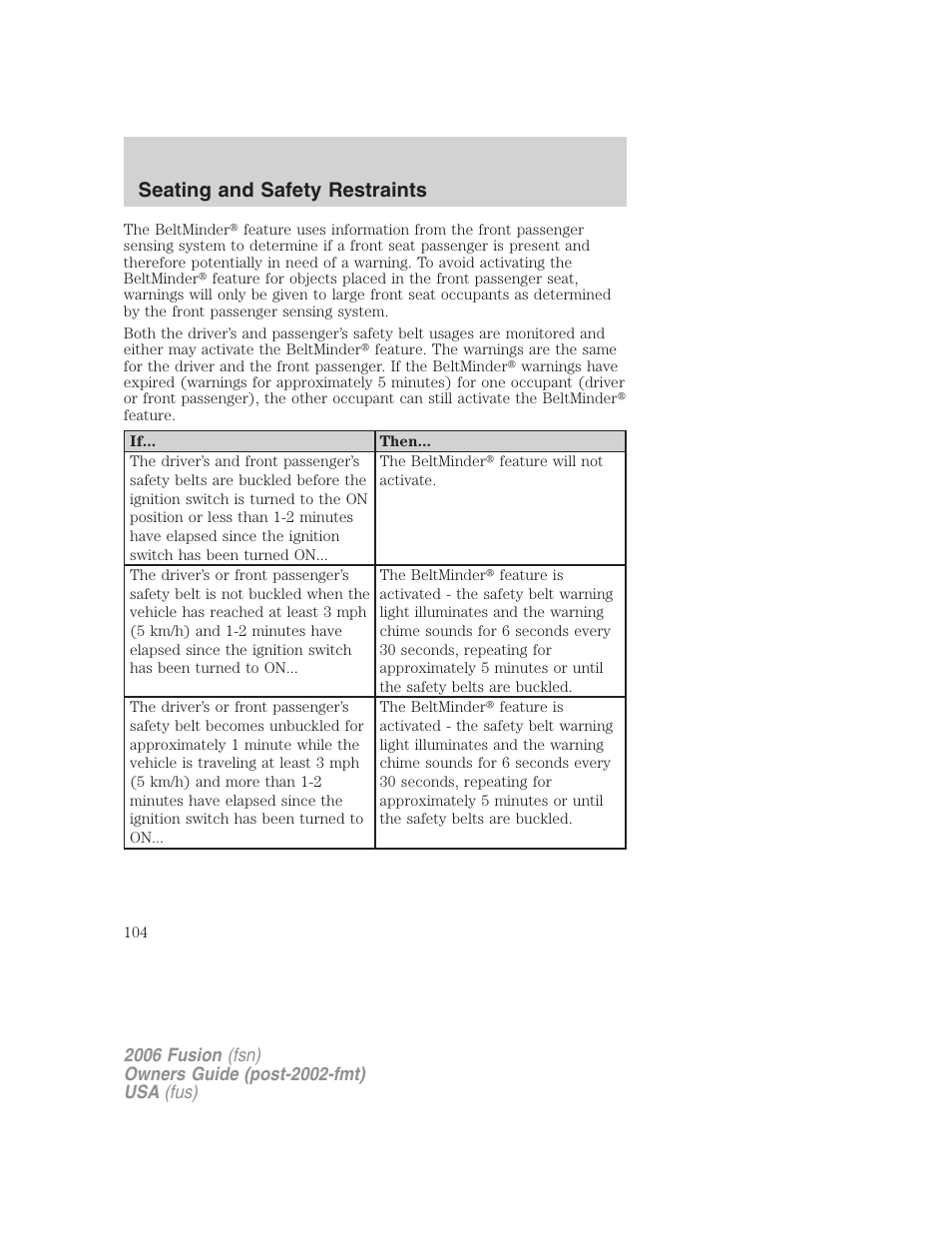 Seating and safety restraints | FORD 2006 Fusion v.2 User Manual | Page 104 / 264