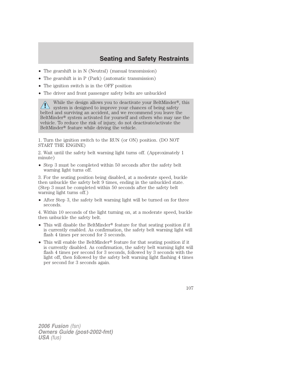 Seating and safety restraints | FORD 2006 Fusion v.2 User Manual | Page 107 / 264