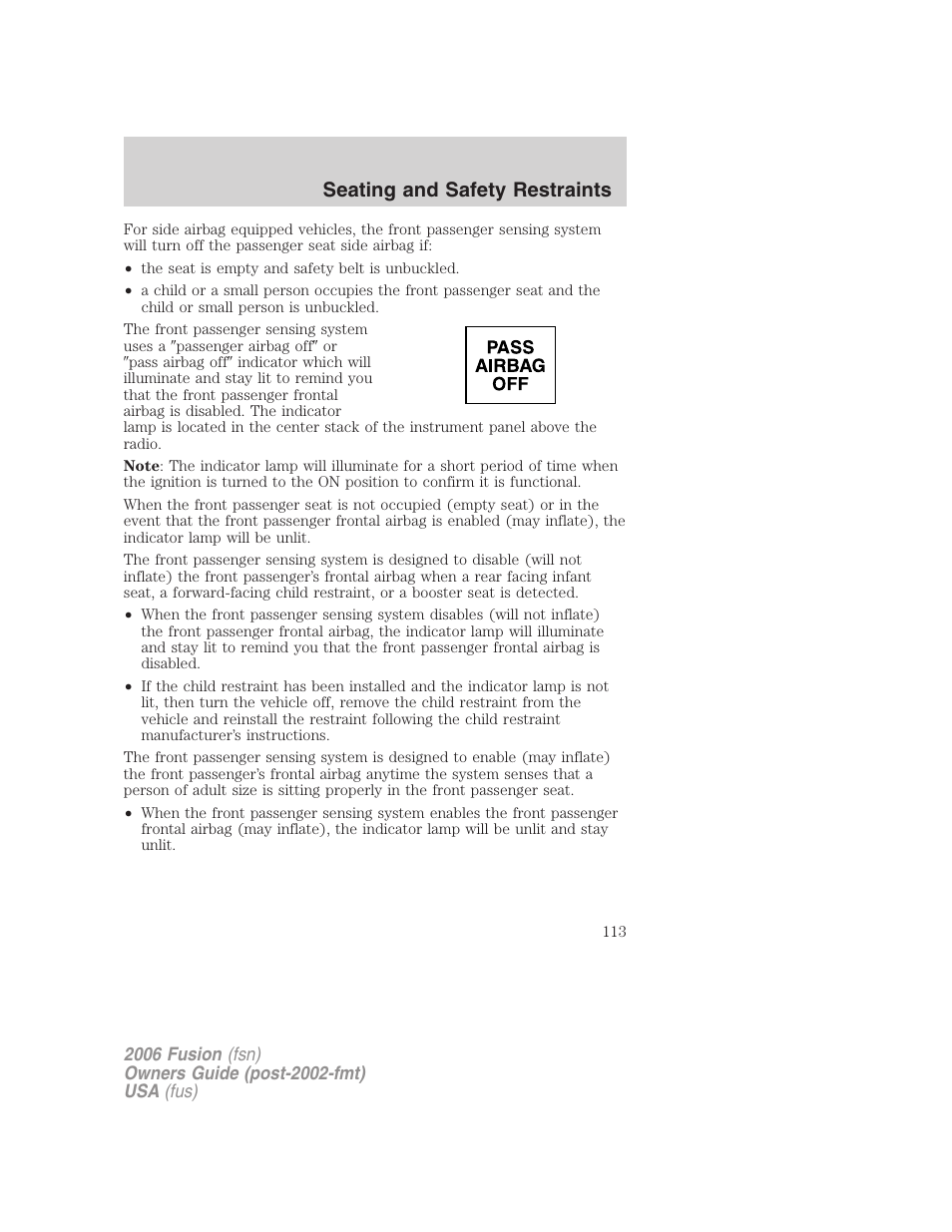 Seating and safety restraints | FORD 2006 Fusion v.2 User Manual | Page 113 / 264