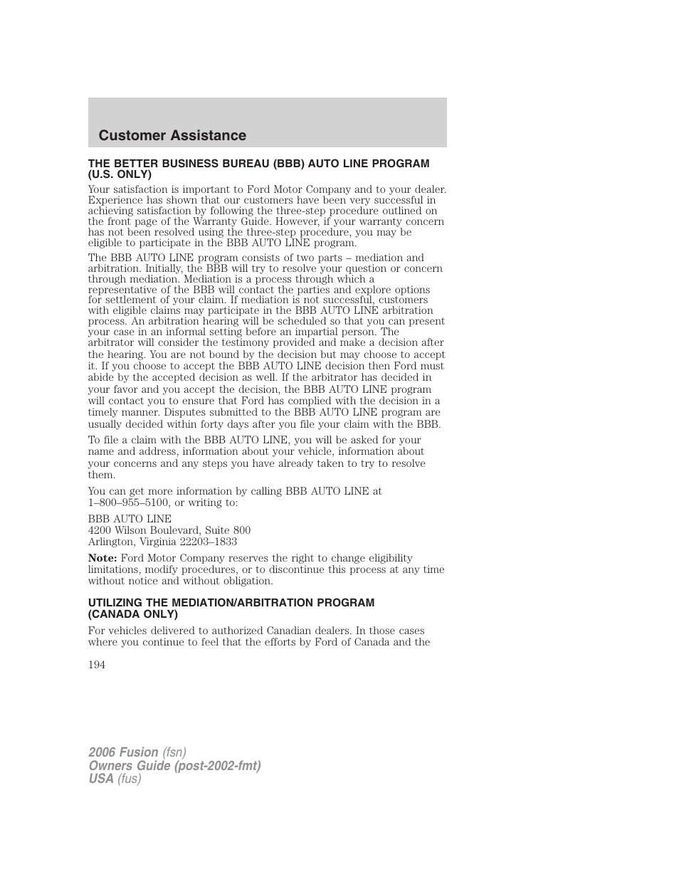 Customer assistance | FORD 2006 Fusion v.2 User Manual | Page 194 / 264