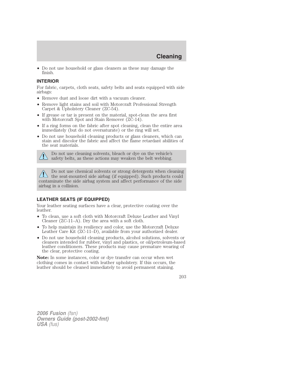 Interior, Leather seats (if equipped), Cleaning | FORD 2006 Fusion v.2 User Manual | Page 203 / 264