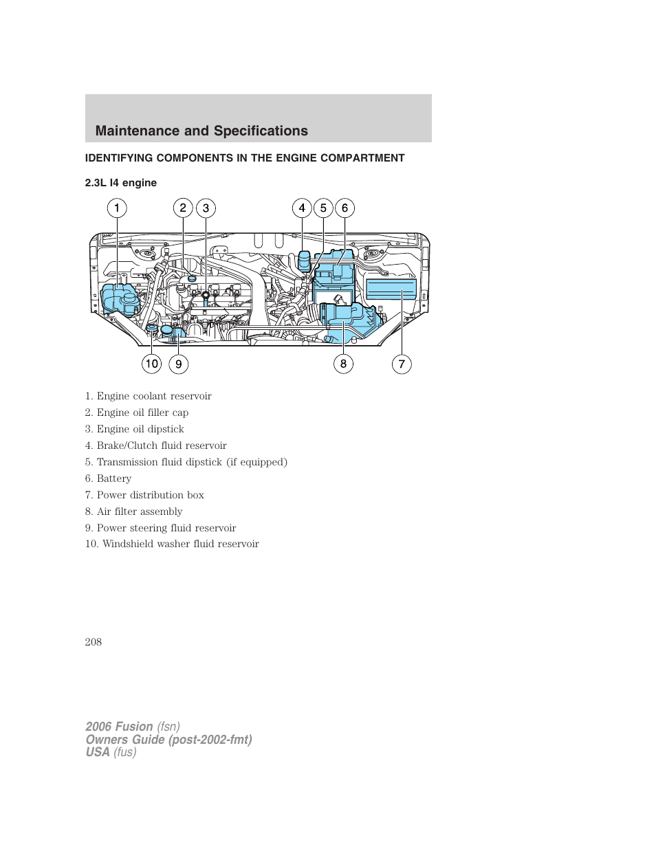 Identifying components in the engine compartment, 3l i4 engine, Engine compartment | Maintenance and specifications | FORD 2006 Fusion v.2 User Manual | Page 208 / 264