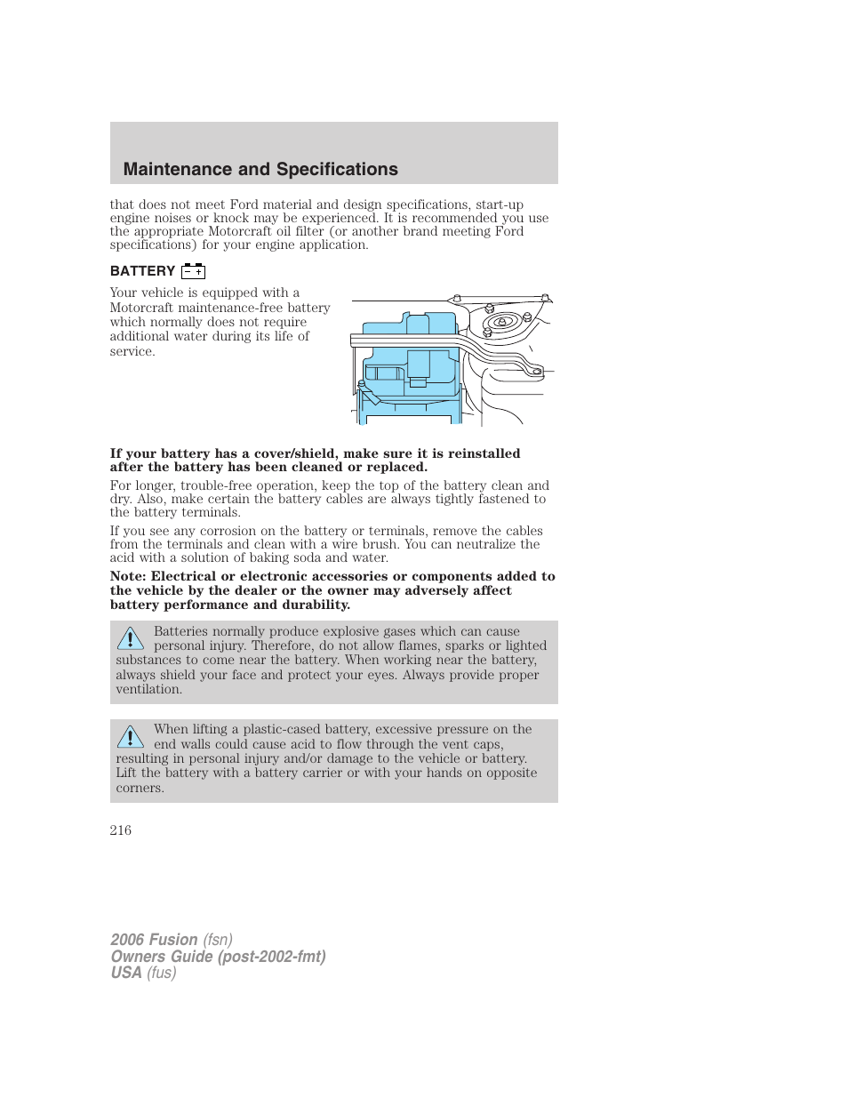 Battery, Maintenance and specifications | FORD 2006 Fusion v.2 User Manual | Page 216 / 264