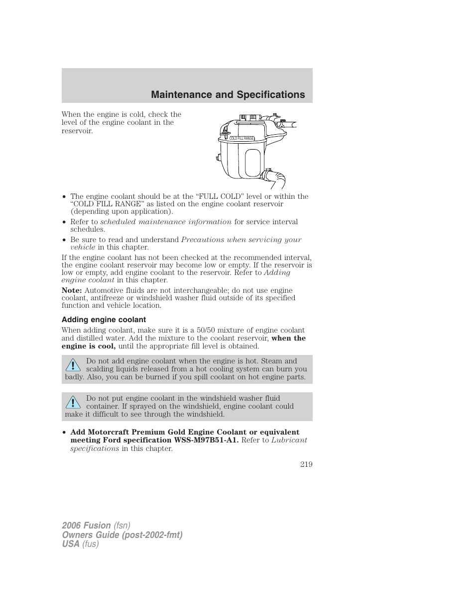Adding engine coolant, Maintenance and specifications | FORD 2006 Fusion v.2 User Manual | Page 219 / 264