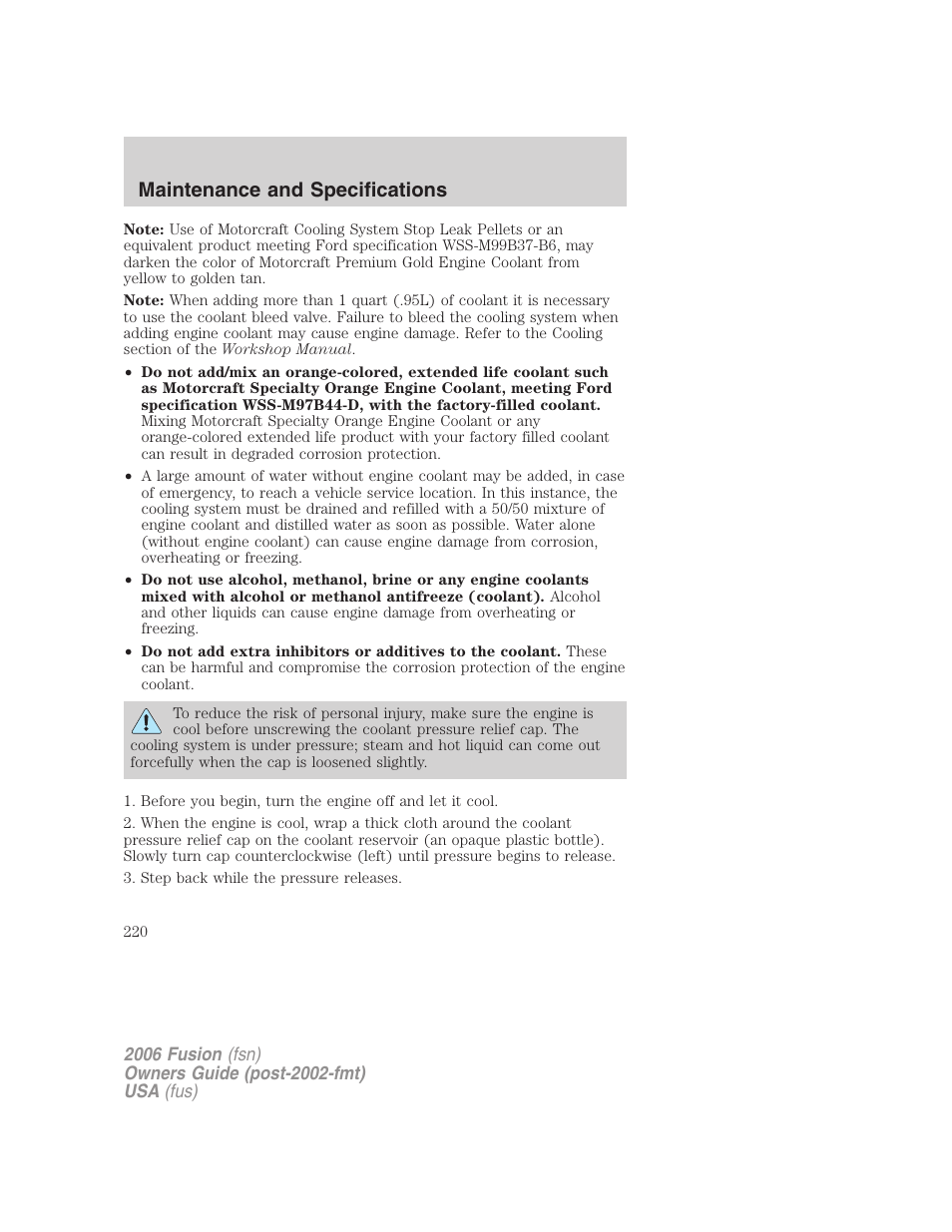 Maintenance and specifications | FORD 2006 Fusion v.2 User Manual | Page 220 / 264