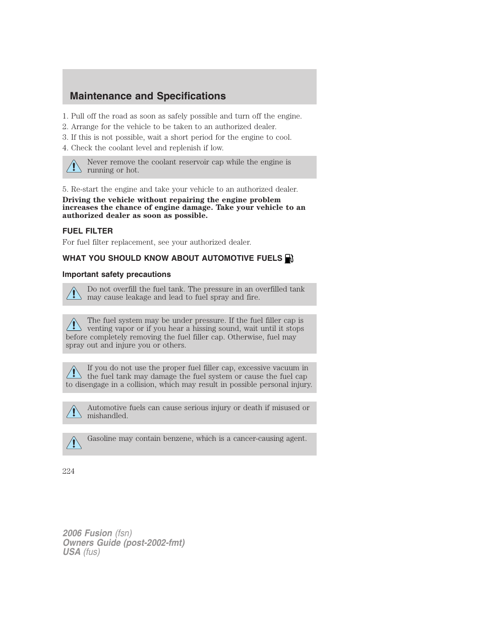 Fuel filter, What you should know about automotive fuels, Important safety precautions | Fuel information, Maintenance and specifications | FORD 2006 Fusion v.2 User Manual | Page 224 / 264