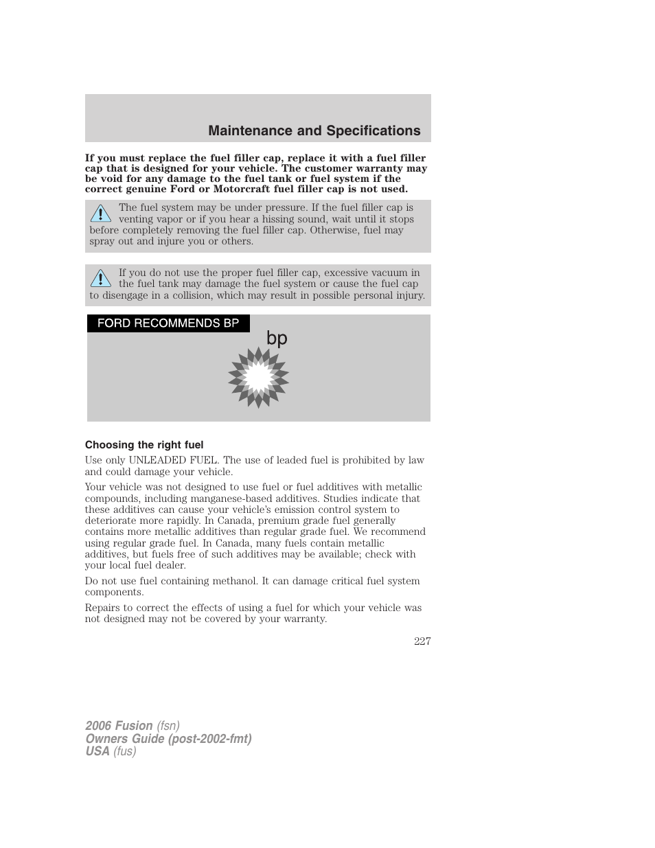 Choosing the right fuel, Maintenance and specifications | FORD 2006 Fusion v.2 User Manual | Page 227 / 264