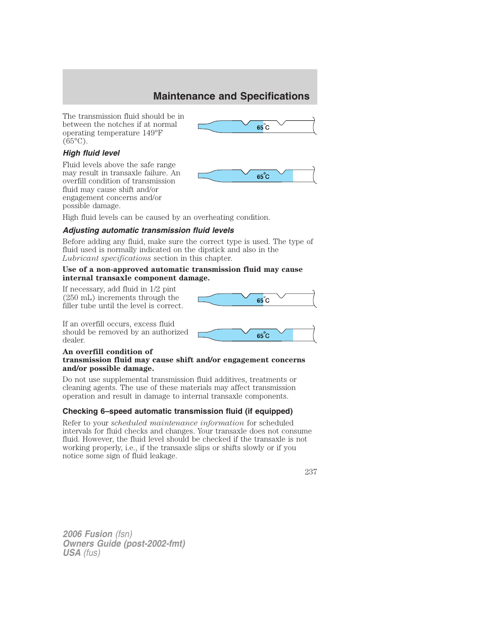 High fluid level, Adjusting automatic transmission fluid levels, Maintenance and specifications | FORD 2006 Fusion v.2 User Manual | Page 237 / 264