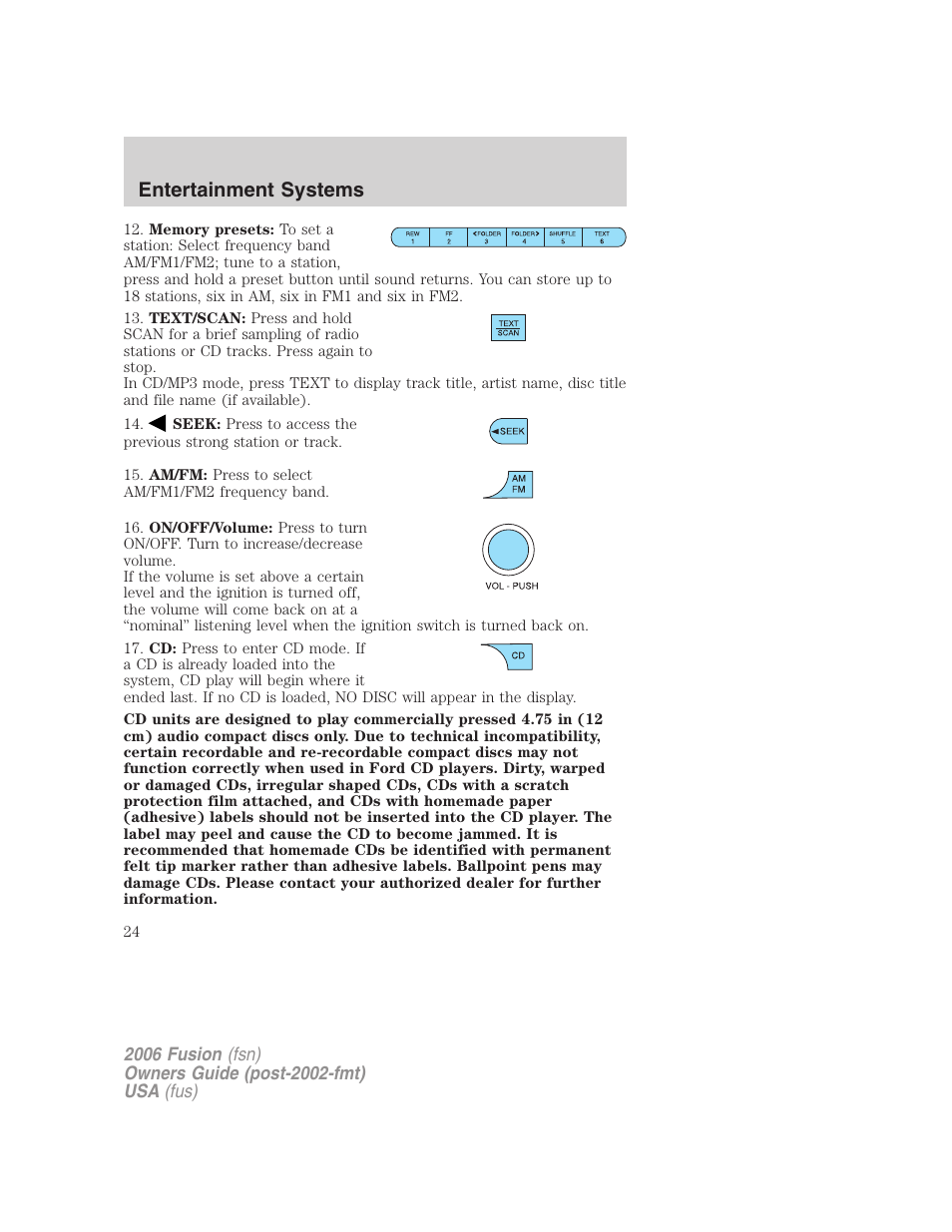 Entertainment systems | FORD 2006 Fusion v.2 User Manual | Page 24 / 264
