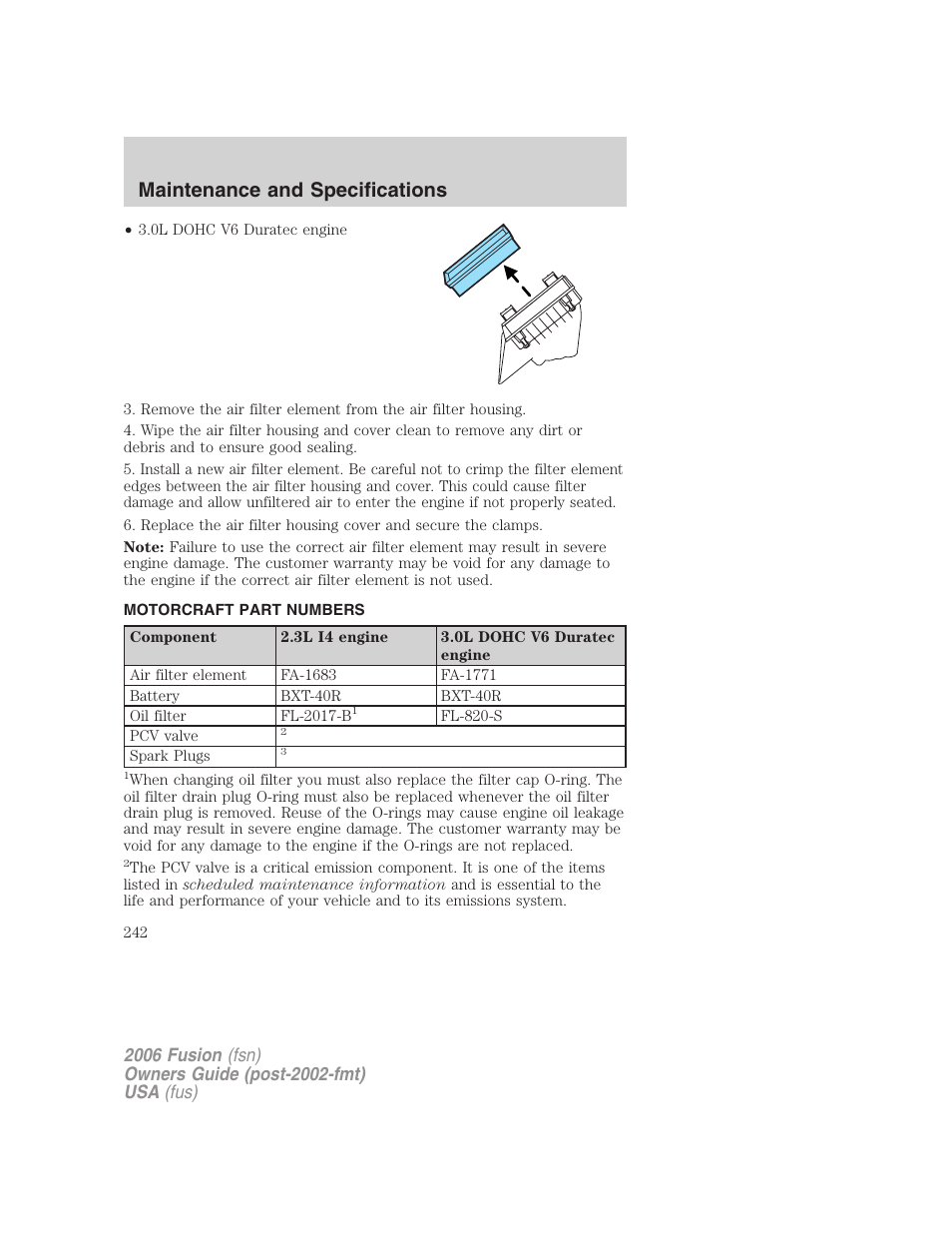 Motorcraft part numbers, Part numbers, Maintenance and specifications | FORD 2006 Fusion v.2 User Manual | Page 242 / 264