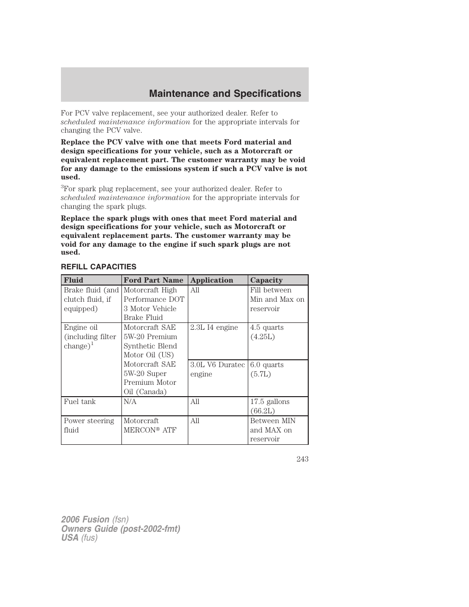 Refill capacities, Maintenance and specifications | FORD 2006 Fusion v.2 User Manual | Page 243 / 264