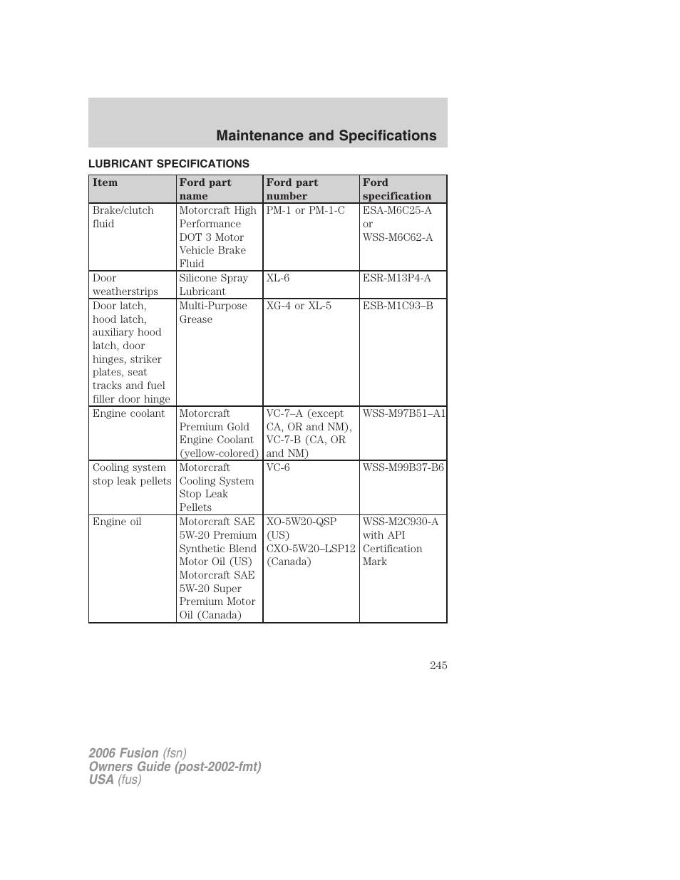 Lubricant specifications, Maintenance and specifications | FORD 2006 Fusion v.2 User Manual | Page 245 / 264