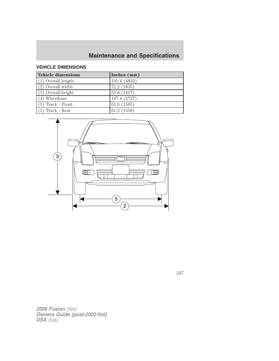 Vehicle dimensions, Maintenance and specifications | FORD 2006 Fusion v.2 User Manual | Page 247 / 264