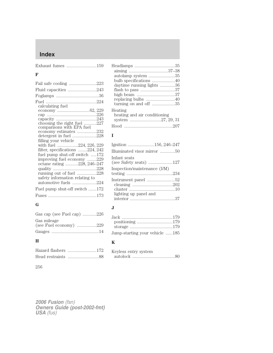 Index | FORD 2006 Fusion v.2 User Manual | Page 256 / 264