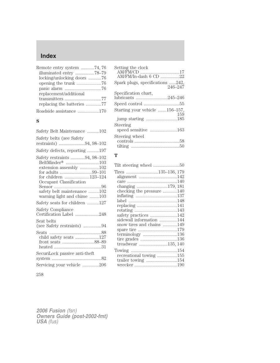 Index | FORD 2006 Fusion v.2 User Manual | Page 258 / 264