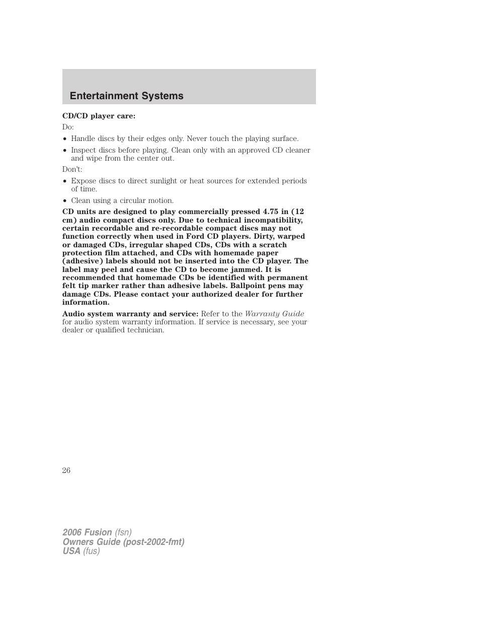 Entertainment systems | FORD 2006 Fusion v.2 User Manual | Page 26 / 264