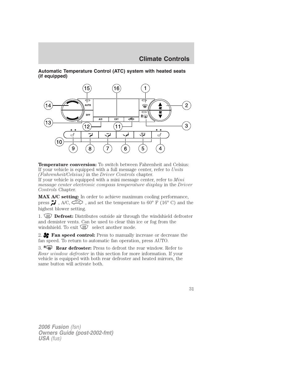 Climate controls | FORD 2006 Fusion v.2 User Manual | Page 31 / 264