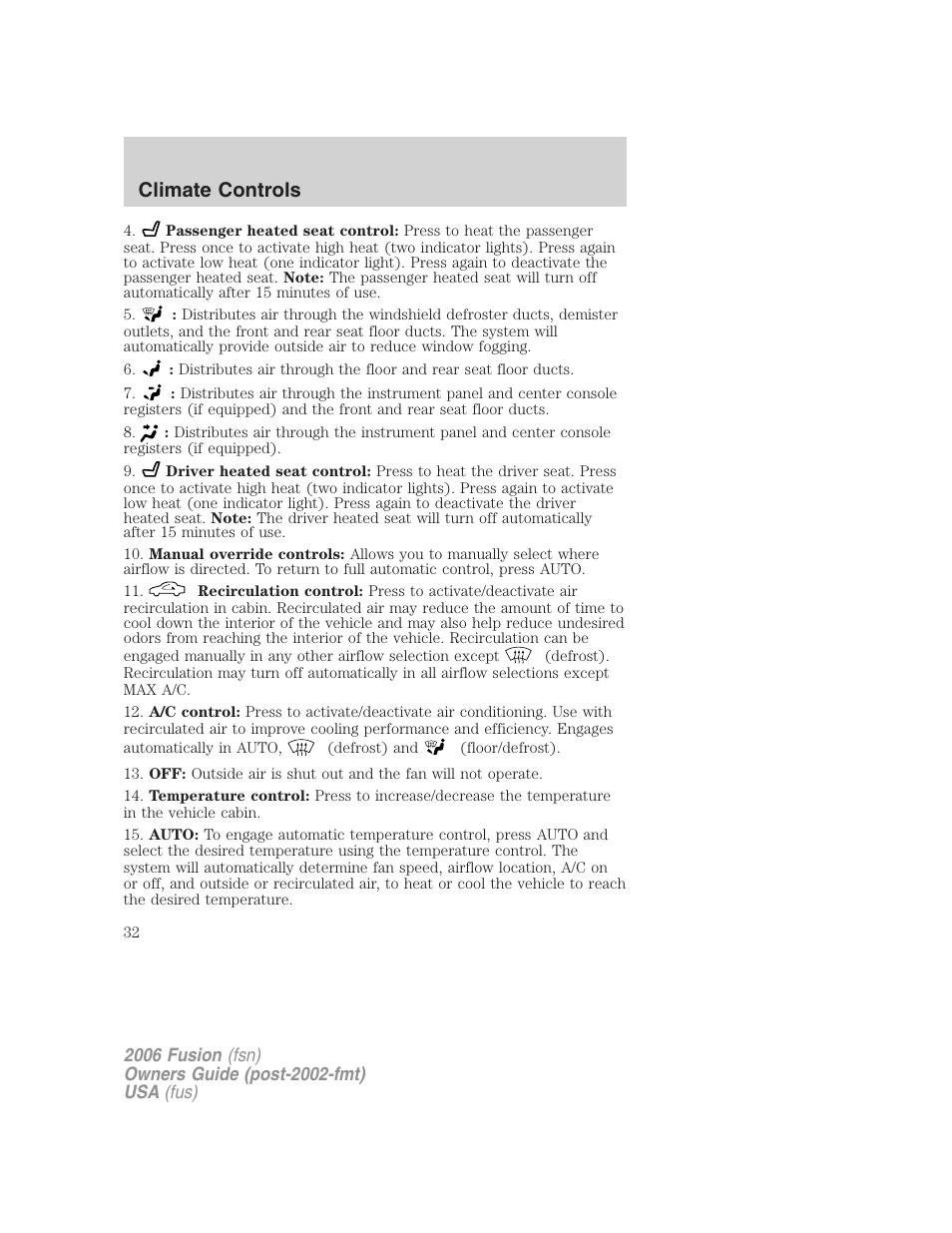 Climate controls | FORD 2006 Fusion v.2 User Manual | Page 32 / 264