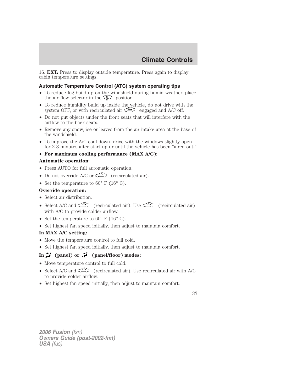 Climate controls | FORD 2006 Fusion v.2 User Manual | Page 33 / 264