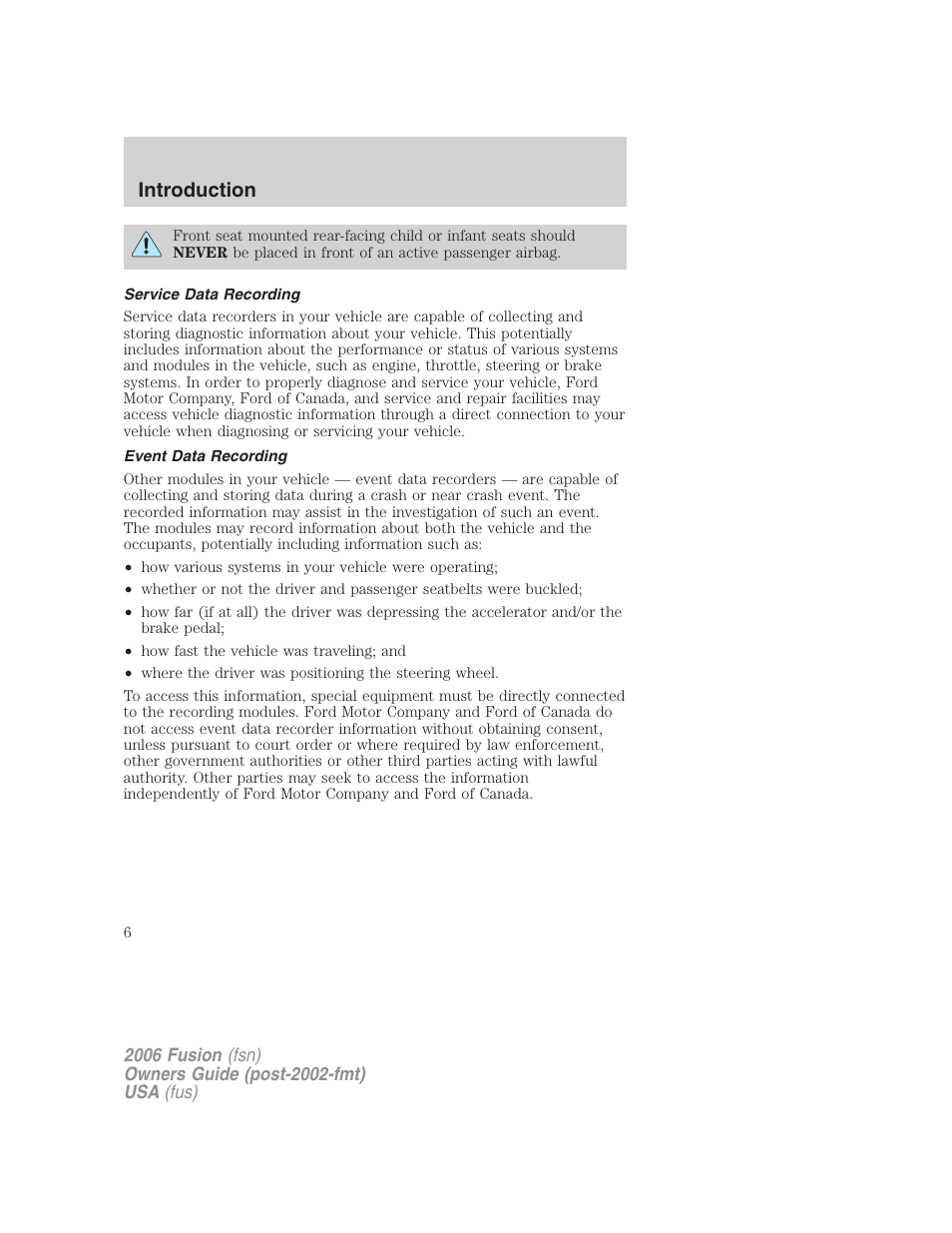 Service data recording, Event data recording, Introduction | FORD 2006 Fusion v.2 User Manual | Page 6 / 264