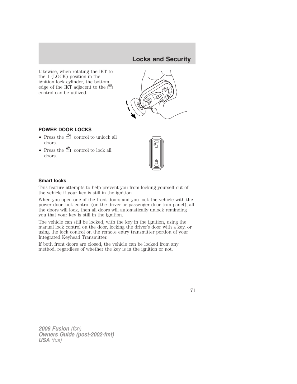 Power door locks, Smart locks, Locks | Locks and security | FORD 2006 Fusion v.2 User Manual | Page 71 / 264