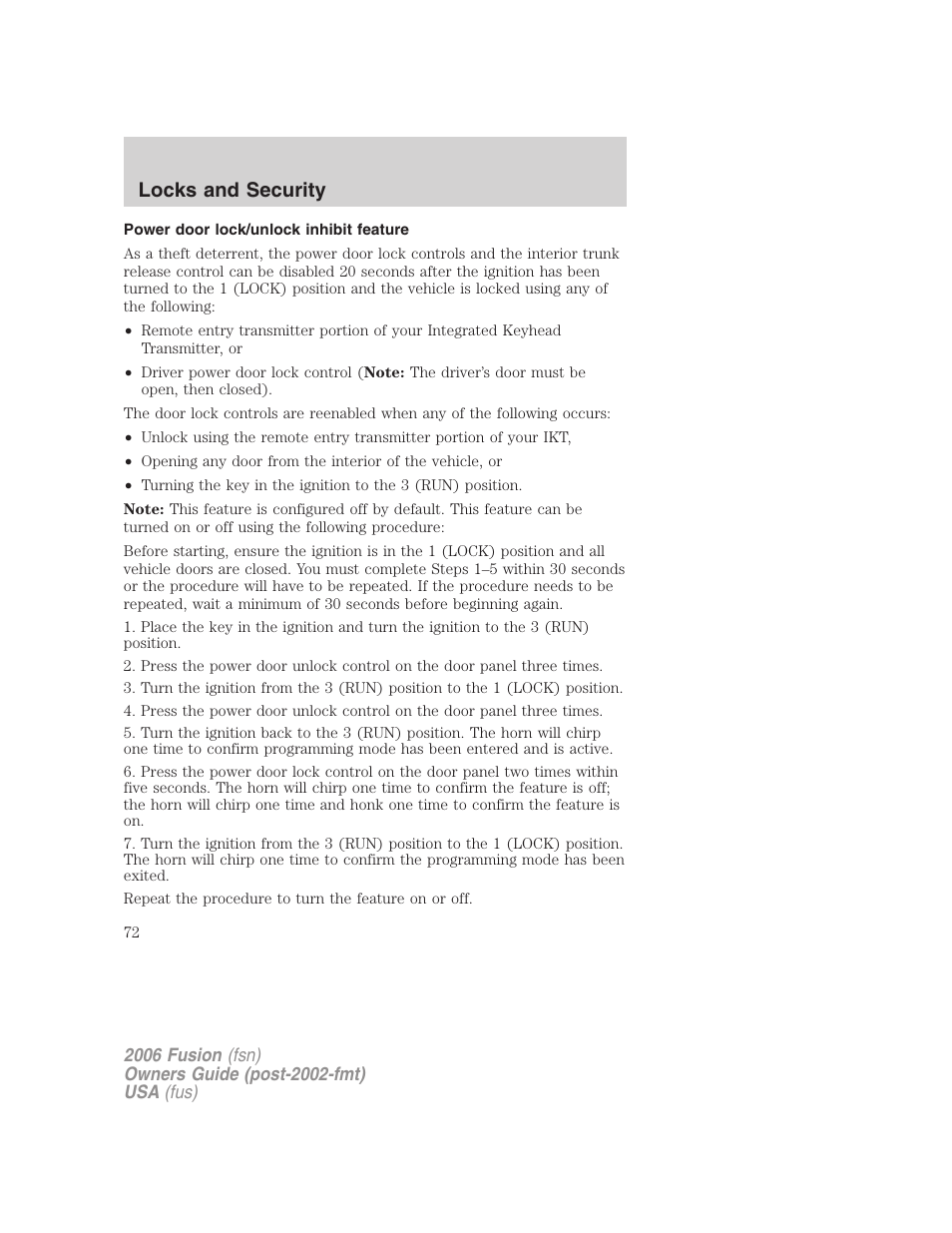 Power door lock/unlock inhibit feature, Locks and security | FORD 2006 Fusion v.2 User Manual | Page 72 / 264