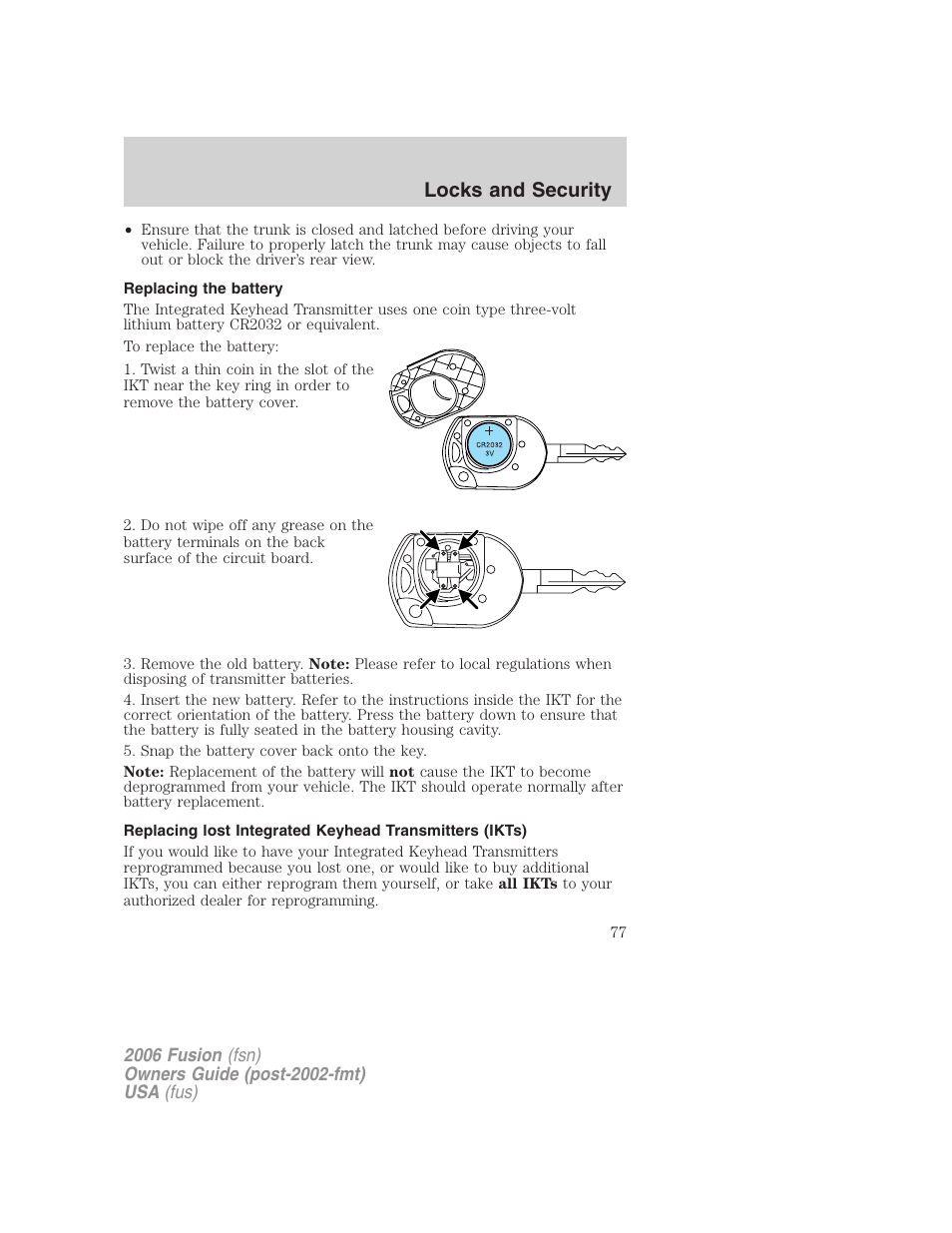 Replacing the battery, Locks and security | FORD 2006 Fusion v.2 User Manual | Page 77 / 264
