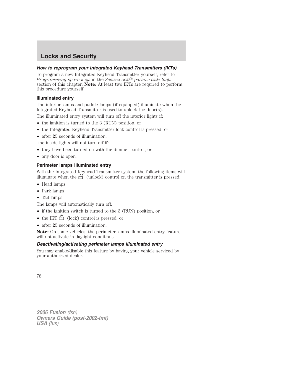 Illuminated entry, Perimeter lamps illuminated entry, Locks and security | FORD 2006 Fusion v.2 User Manual | Page 78 / 264