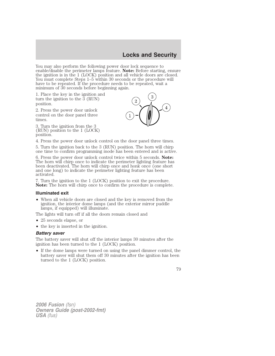 Illuminated exit, Battery saver, Locks and security | FORD 2006 Fusion v.2 User Manual | Page 79 / 264