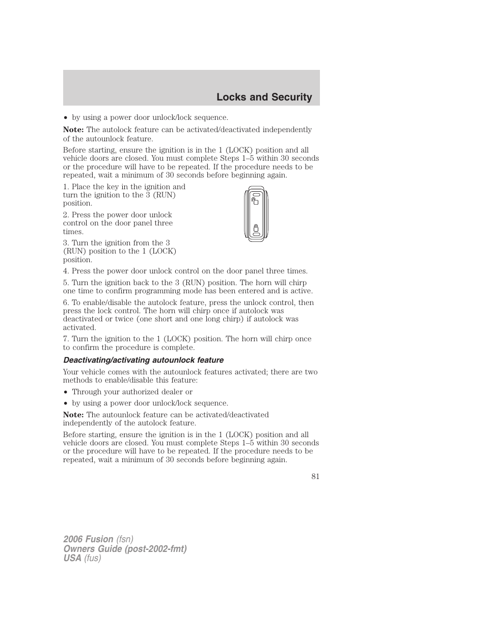 Deactivating/activating autounlock feature, Locks and security | FORD 2006 Fusion v.2 User Manual | Page 81 / 264