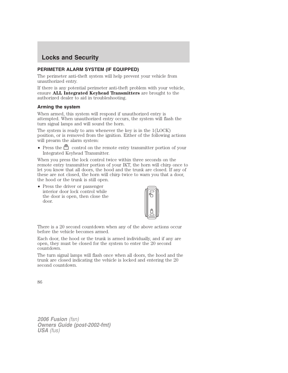 Perimeter alarm system (if equipped), Arming the system, Locks and security | FORD 2006 Fusion v.2 User Manual | Page 86 / 264