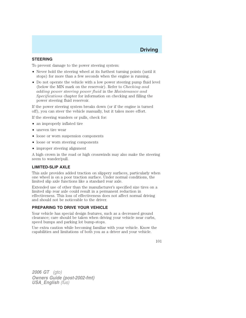 Driving | FORD 2006 GT User Manual | Page 101 / 200