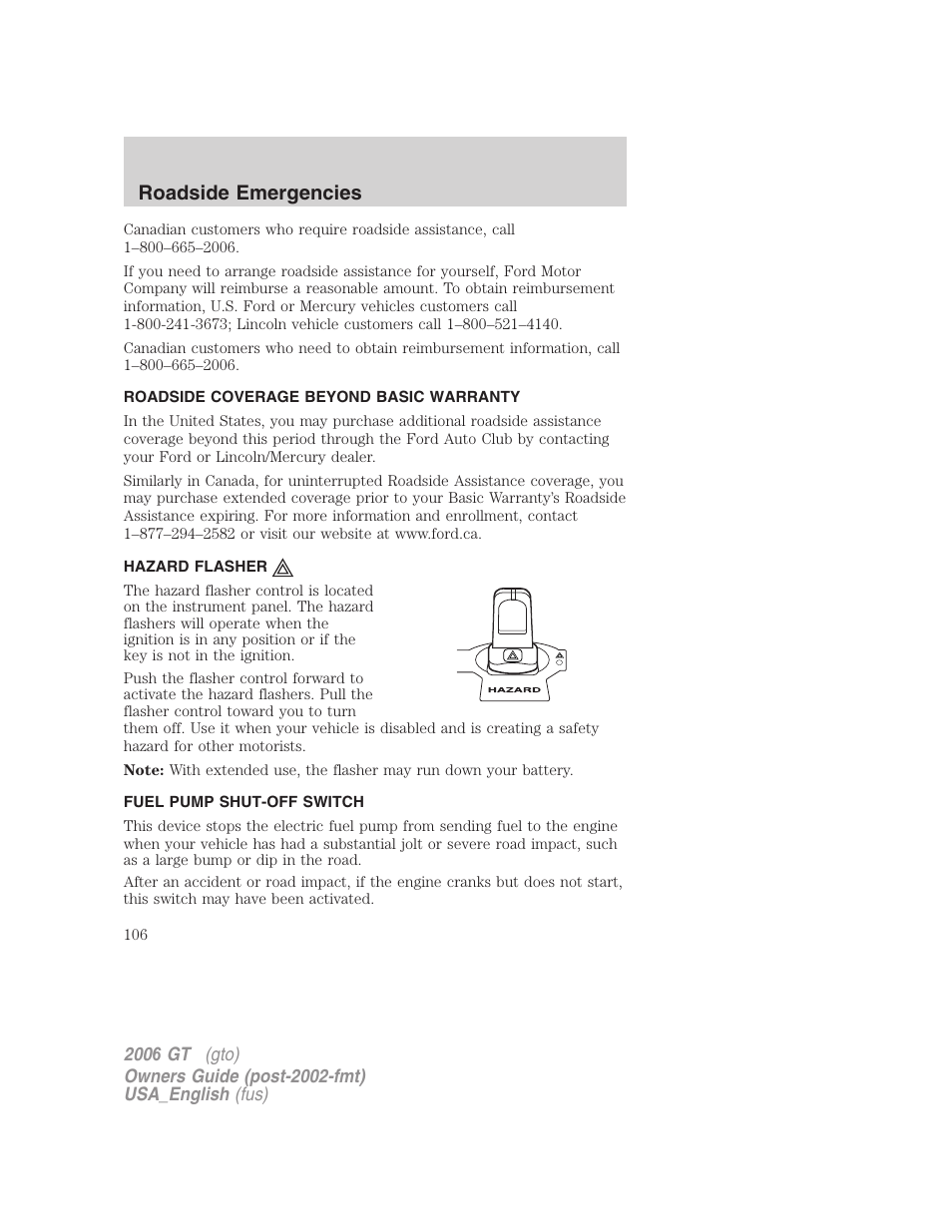 Roadside emergencies | FORD 2006 GT User Manual | Page 106 / 200