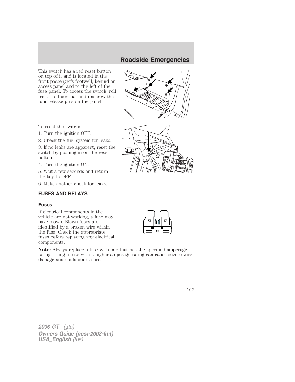 Roadside emergencies | FORD 2006 GT User Manual | Page 107 / 200