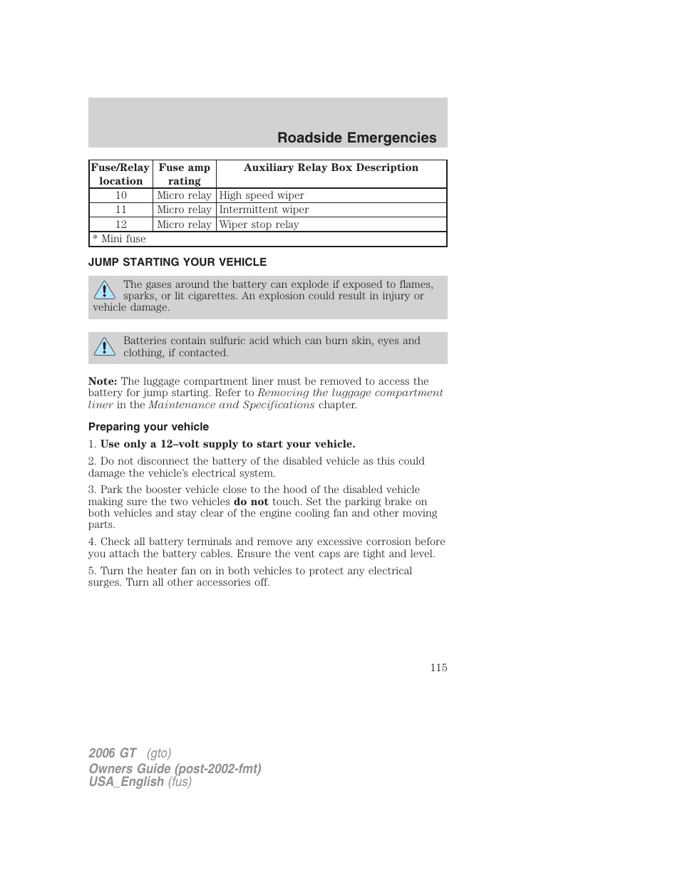 Roadside emergencies | FORD 2006 GT User Manual | Page 115 / 200