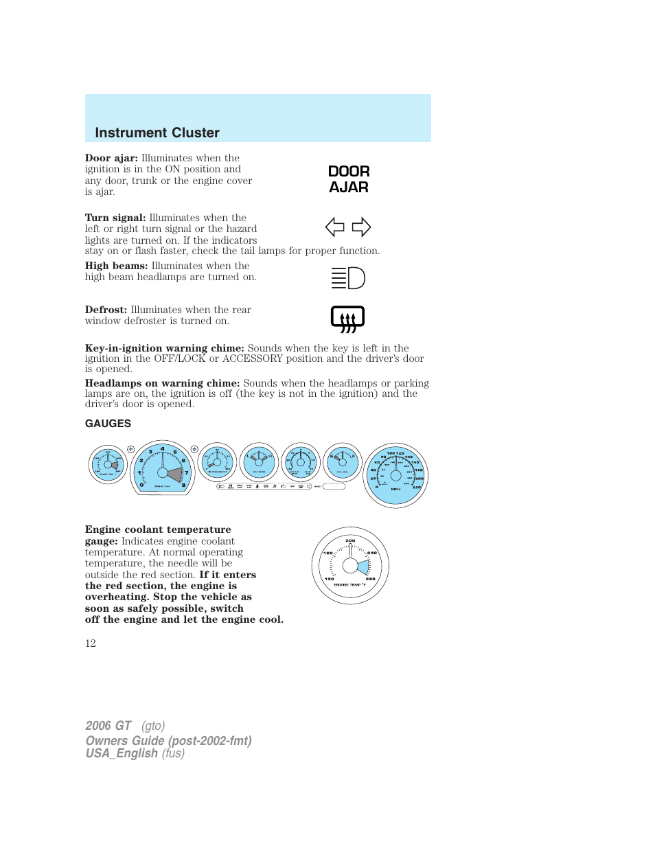 Door ajar | FORD 2006 GT User Manual | Page 12 / 200