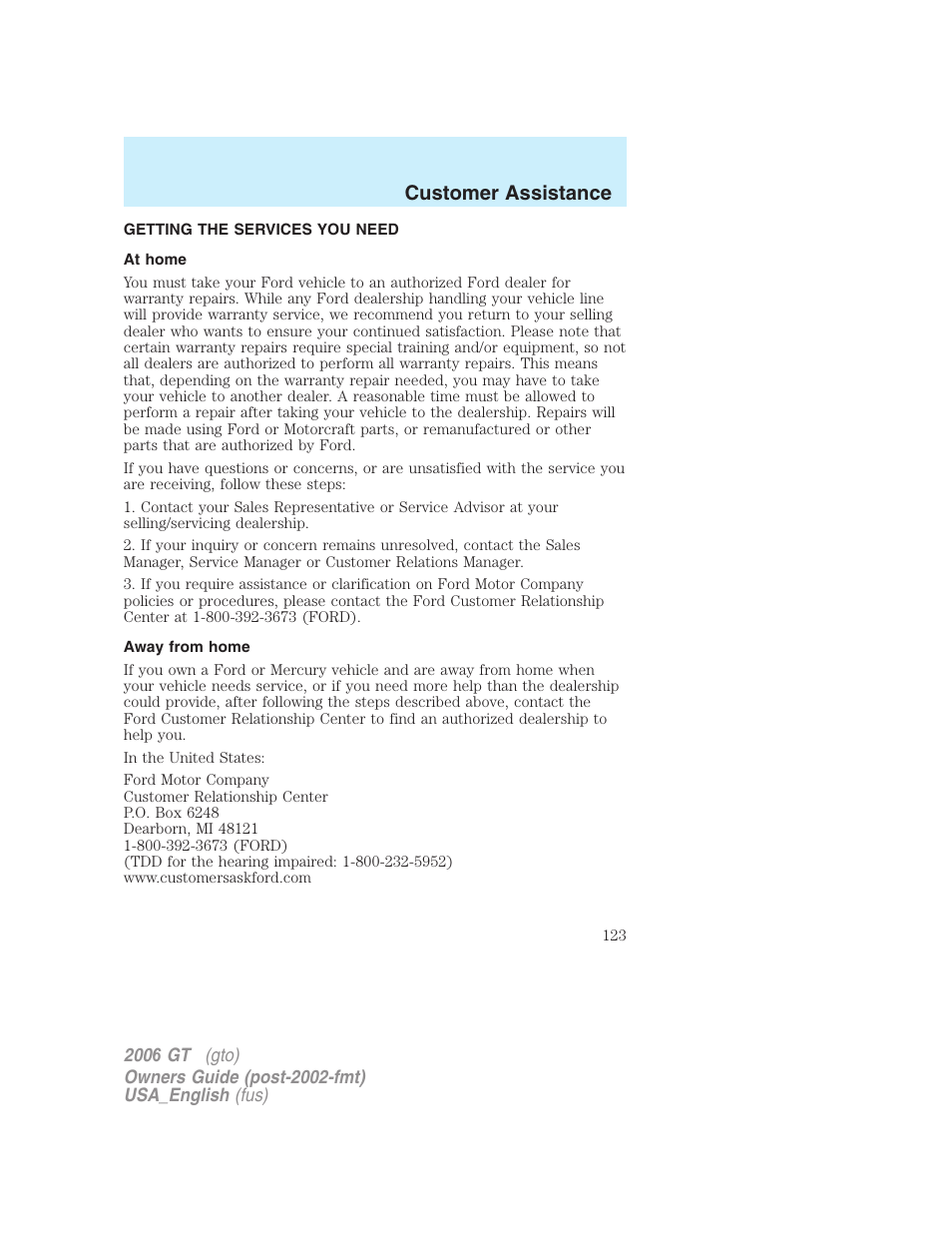 Customer assistance | FORD 2006 GT User Manual | Page 123 / 200