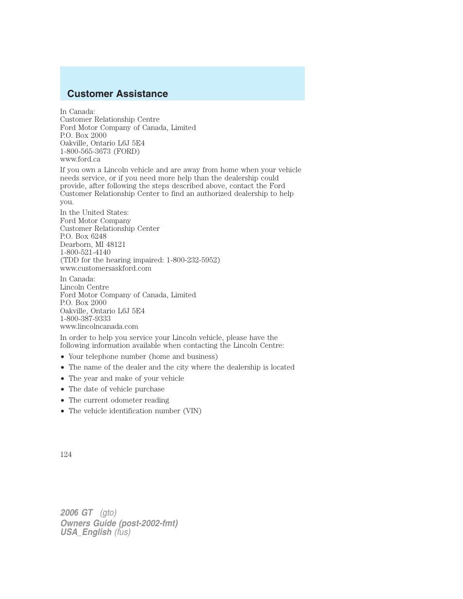 Customer assistance | FORD 2006 GT User Manual | Page 124 / 200